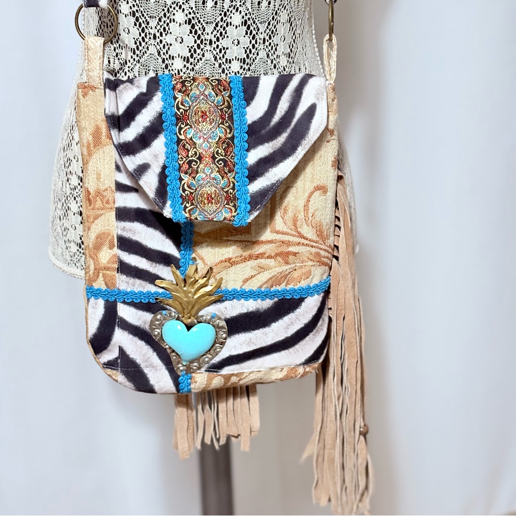 Boho Zebra Print Crossbody Bag With Turquoise Heart Accent Upcycled Handmade
